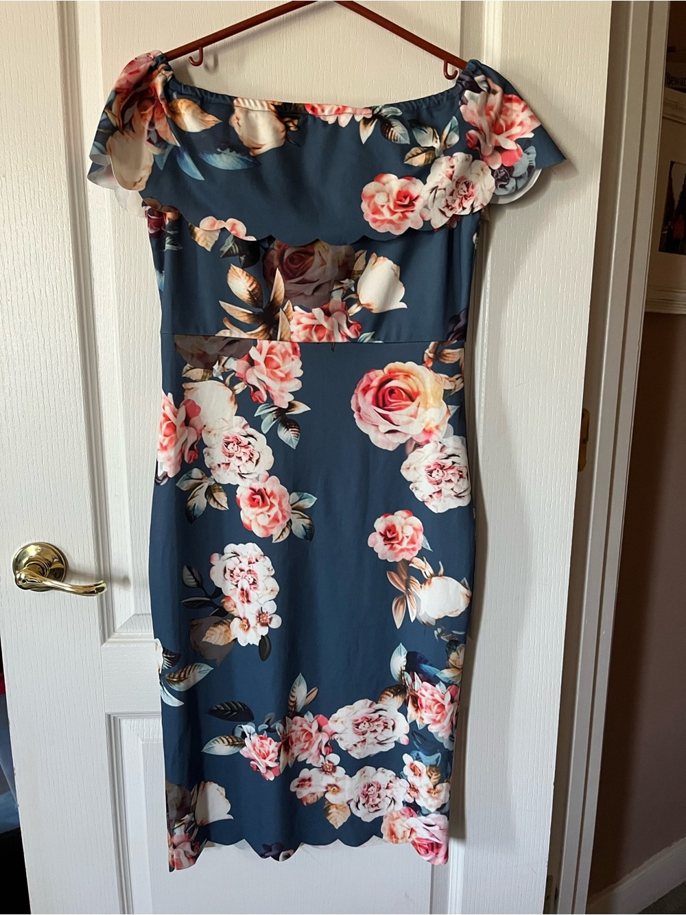 Floral Off-Shoulder Midi Dress - Blue with Pink Roses